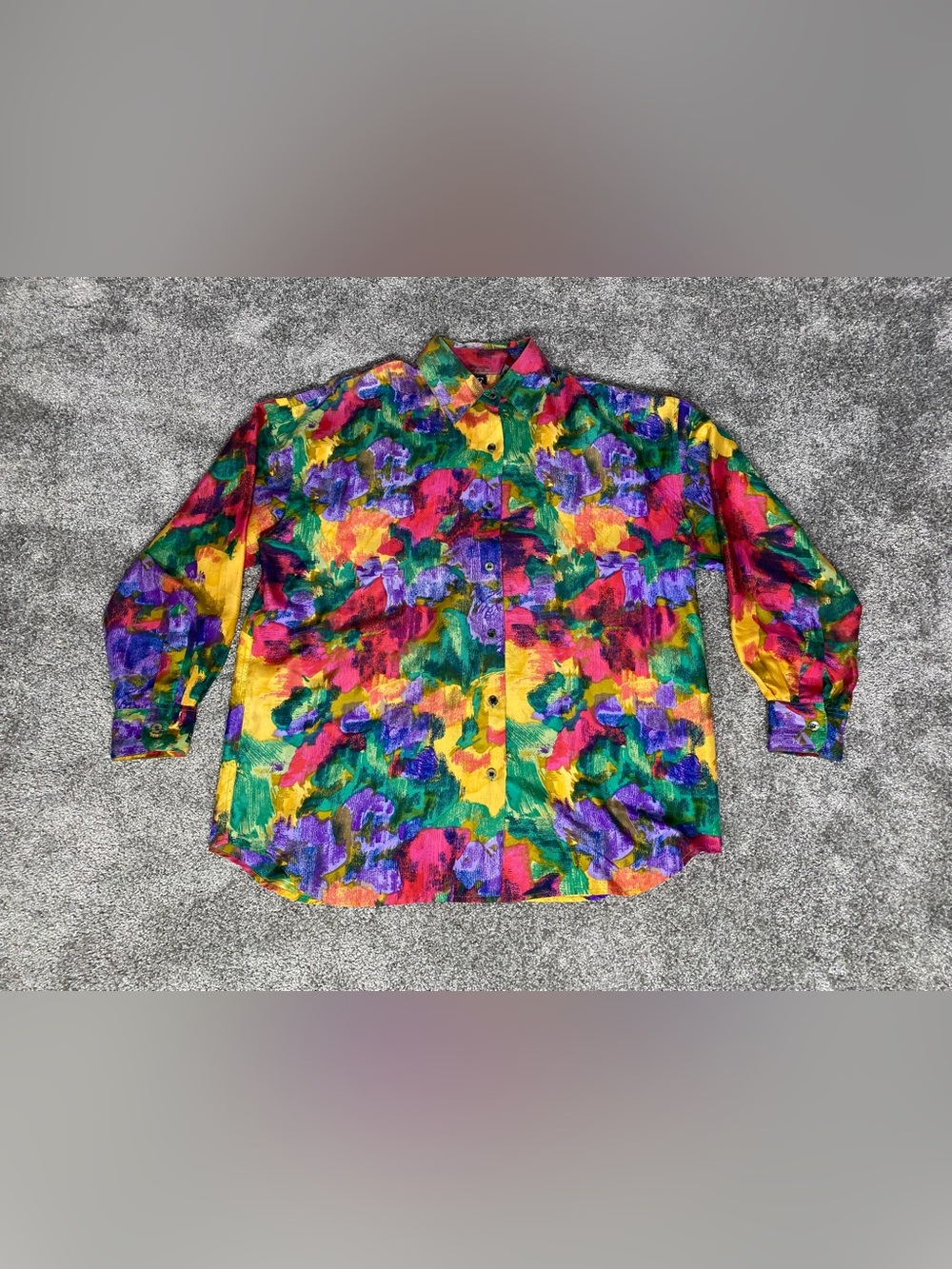 Basic Editions 100% Silk Watercolor Button Up Long Sleeve Top Retro Women’s SZ M
